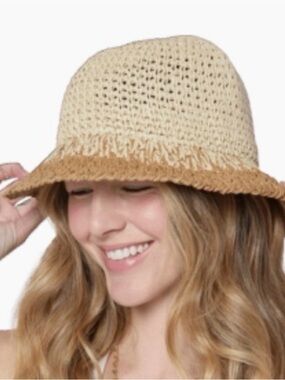EUGENIA KIM Bailey Two-Tone Crochet Straw Bucket Hat Natural Camel OS